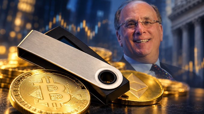 A promotional image featuring a smiling older man in a suit alongside a metallic hardware wallet resting on gold Bitcoin and Ethereum coins against a city skyline backdrop.