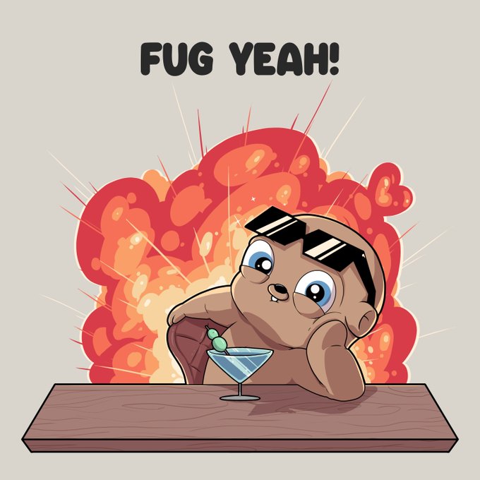 A cartoon character wearing sunglasses lounges at a bar with a cocktail in front of an explosion, with bold text reading "FUG YEAH!" — perfectly capturing the celebratory mood of Fugz surpassing 10,000 unique holders and the explosive growth of the "fugliferation."