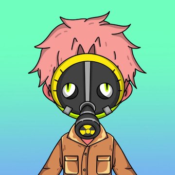 The image features a cartoon character wearing a gas mask, possibly representing an individual who has been exposed to radiation or hazardous materials. The character appears to be a boy with pink hair, dressed in a brown shirt and jacket. The background of the image is blue, which contrasts with the yellow and black elements on the character's face and gas mask. There are also some text elements present in the image that read "4444 Dirty Degens Coming to @opensea Drop your wallet address".