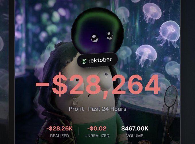 A digital avatar labeled "@rektober" displays a profit of **-$28,264** over the past 24 hours, set against a backdrop of glowing jellyfish. The image humorously illustrates the trader's frustration with pumpfun, showing -$28.26K in realized losses despite a $467.00K trading volume, underscoring the caption's vow to never trade on the platform again.