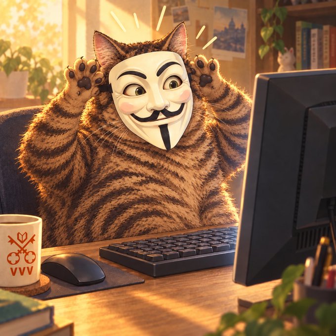 A whimsical illustration shows a tabby cat wearing a Guy Fawkes mask, sitting at a desk with a keyboard and a mug marked 'VVV'.