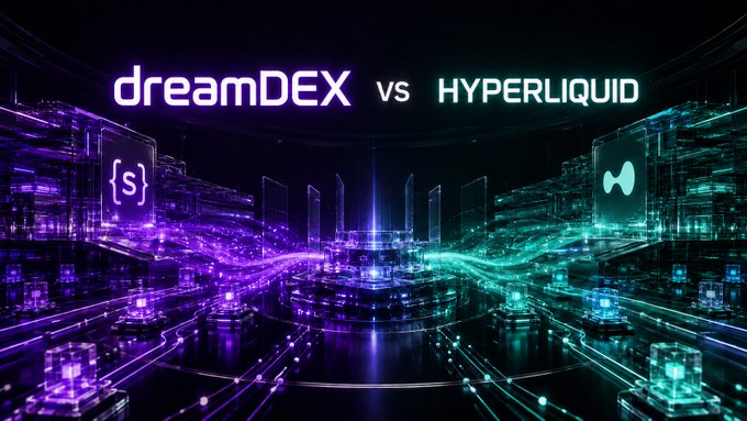 A futuristic neon-lit graphic showing a "dreamDEX vs HYPERLIQUID" battle, with dreamDEX's purple "{s}" logo on the left and Hyperliquid's teal logo on the right, visually representing the comparison between the two self-custodial trading platforms.