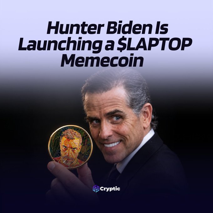 A promotional graphic by Cryptic features a smiling man in a suit holding a gold coin bearing his portrait, with bold text reading "Hunter Biden Is Launching a $LAPTOP Memecoin," visually tying into the announcement of the new memecoin tied to his controversial laptop and the associated token allocation details.