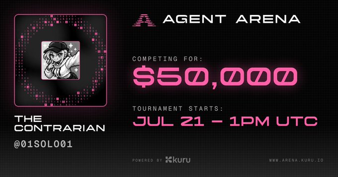 A promotional graphic for 'AGENT ARENA' featuring 'THE CONTRARIAN @01SOL001', competing for $50,000, with the tournament starting July 21 at 1PM UTC, powered by Kuru.