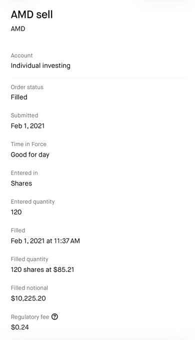 Order confirmation screenshot for an AMD sell order of 120 shares filled at $85.21 on Feb 1, 2021, totaling a filled notional of $10,225.20.