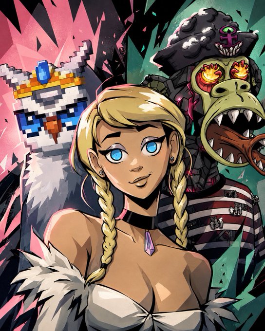 A vibrant digital illustration featuring a blonde woman with braids and blue eyes in the foreground, accompanied by a pixelated owl wearing a crown and a fierce, flaming-eyed monkey creature in the background, rendered in a comic-book style with pink and green tones.