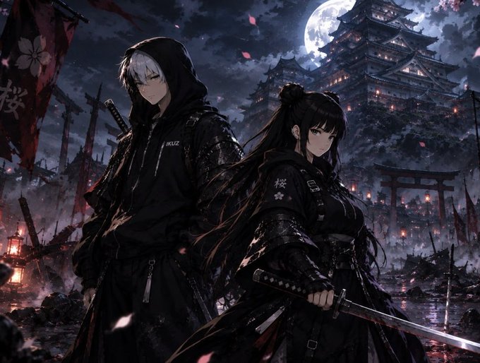 An anime-style illustration depicts two characters in dark hooded attire standing before a Japanese castle under a full moon, with one holding a katana and cherry blossoms scattered throughout the scene.