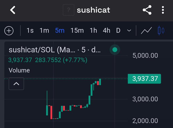 A trading chart for 'sushicat/SOL' showing a price of 3,937.37 with a +7.77% increase over a 5-minute interval.