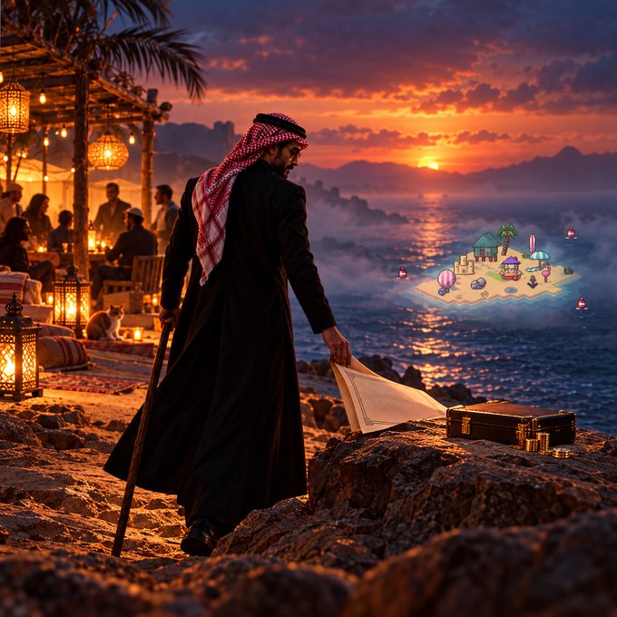 A digital artwork depicting a man in traditional Arab attire with a keffiyeh standing on a rocky shore at sunset, holding papers near a treasure chest, with a small cartoon island superimposed on the ocean.