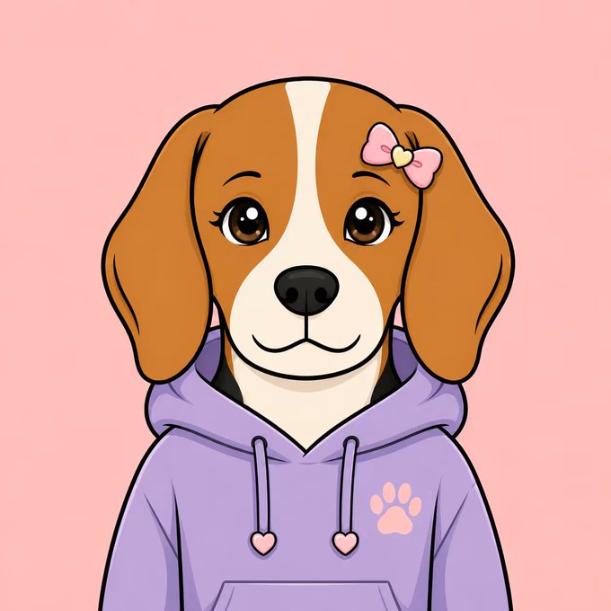 A digital illustration of a cute beagle puppy wearing a purple hoodie with a paw print design and a pink bow with a heart on its ear, set against a pink background.