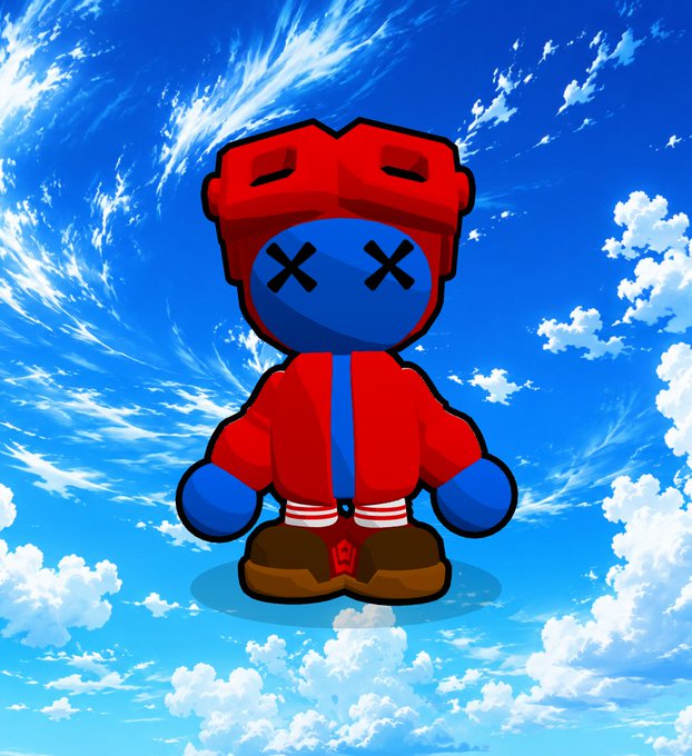 An animated cartoon character with a blue face marked with X eyes, wearing a red hooded jacket, blue gloves, and brown shoes, standing against a backdrop of a blue sky with clouds.