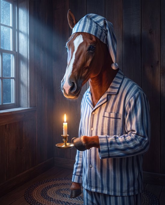 A horse wearing striped pajamas and a matching nightcap stands in a dimly lit wooden room, holding a candle in a brass holder. The image playfully evokes the post's "if only you knew, anon millions will stable" line by personifying the horse as an anonymous bedtime figure hinting at secret stable gains.