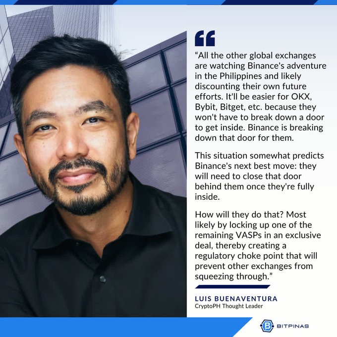 A quote graphic featuring Luis Buenaventura, CryptoPH Thought Leader from BitPinas, discussing how Binance's actions in the Philippines are paving the way for other global exchanges like OKX, Bybit, and Bitget.