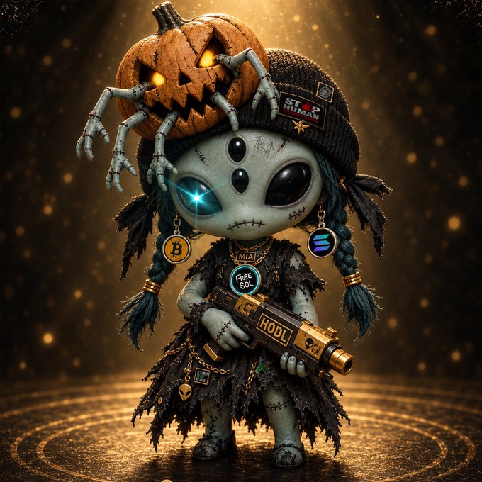 A 3D-rendered stylized alien-like doll character with a glowing blue eye, stitched body, and beanie featuring a pumpkin head with spider legs on top, holding a golden gun labeled 'HODL' and displaying crypto-related items including a Bitcoin earring and 'FreeSol' and 'MIA' tags.