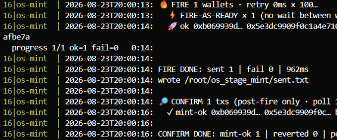 A terminal log shows a successful mint operation on `os-mint`, with progress 1/1, confirming 1 transaction as "mint-ok" and writing to `/root/os_stage_mint/sent.txt`, supporting the post's claim that @0xDonCrypto was minted in the first block.