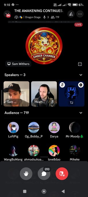 A mobile screenshot of a live audio event titled "THE AWAKENING CONTINUES" on the Dragon Stage, featuring speakers like Sam Withers and Heart alongside an audience of 719 participants.