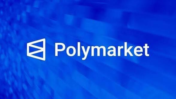The image displays the logo and name "Polymarket" against a vibrant blue background, visually representing the company mentioned in the breaking news.