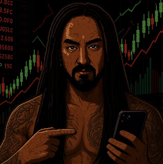 A pixel-art illustration of a shirtless, long-haired bearded man with tribal tattoos points at his smartphone, set against a backdrop of green and red candlestick charts and stock tickers (including "0.0CC," "0.5FC," "0.0F0," "0560B," "G25BC"). The image humorously visualizes the joke post claiming Steve Aoki is launching a meme token called "SteveABrokies" on Robinhood, parodying the DJ/entrepreneur as a rugged crypto trader checking his charts.