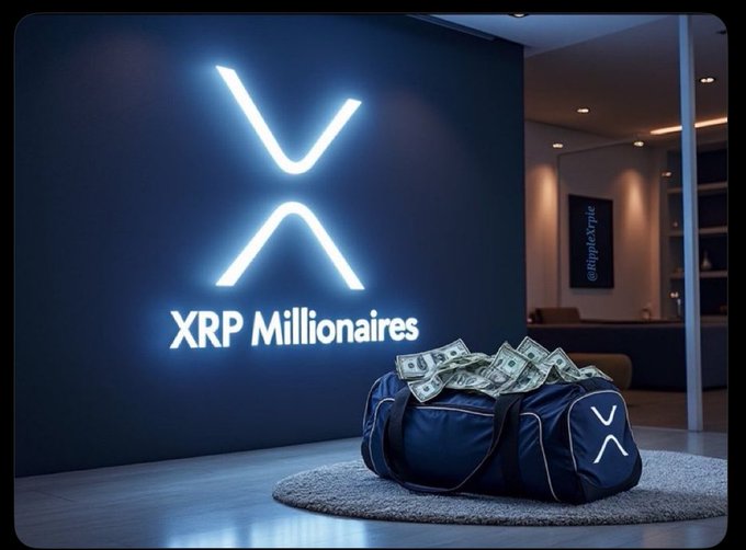 A promotional graphic showing a duffel bag overflowing with US dollar bills in a modern room, with a glowing blue XRP logo and text 'XRP Millionaires' on the wall.
