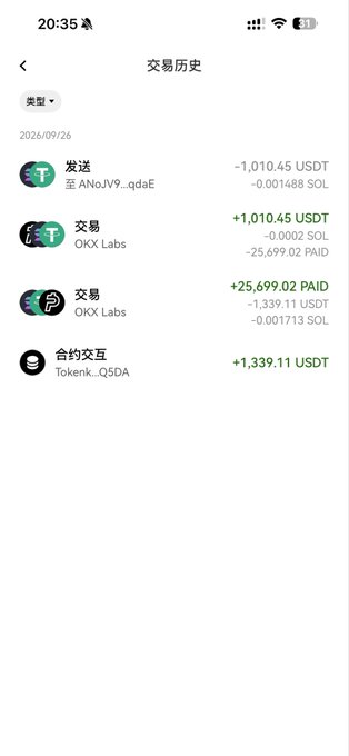 A mobile screenshot of a transaction history in Chinese ('交易史') dated 2026/09/26 showing USDT and SOL transfers involving OKX Labs and Tokenk_Q5DA.