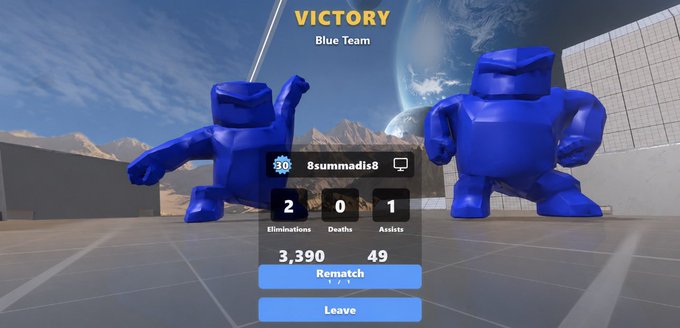 A victory screen shows player "8summadis8" dominating with 2 eliminations, 0 deaths, and 1 assist alongside 3,390 damage in a Blue Team win, where the blue robot characters celebrate on a 3D game environment—visually backing the post's claim about enjoying a quickly-built game in The Sandbox Studio.
