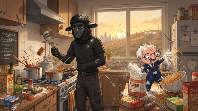 A chaotic kitchen scene shows a sheep in a black outfit calmly cooking at the stove while a frantic chef named "SOLANGELES" wrestles with a bag of flour, capturing the humor of "trying to cook something new" with the tickers $BURNIE and $SOLANGELES. A chalkboard reads "Kochabend Chaos-Edition" listing ingredients like noodles and veggies, while scattered "ブランパイ" (Brand Pie) boxes and a "FLOUR" bag emphasize the messy culinary experiment.