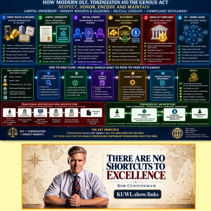 The image illustrates the "Genius Act" framework for modern DLT (Distributed Ledger Technology), tokenization, and the HONEST (Honest Weights & Measures) system, detailing the end-to-end process from real-world asset verification to peer-to-peer settlement.

Key elements visible include six compliance pillars (Honest Weights & Measures, Lawful Ownership, Mutual Consent, Settlement, Genus Act Compliance, and DLT Shared Ledger), the flow from real-world assets to tokenized ownership, and a quote from Rob Cunningham stating "There Are No Shortcuts To Excellence," connecting to the post's theme of modernizing legacy financial systems through blockchain technology like XRP and the Interledger protocol.