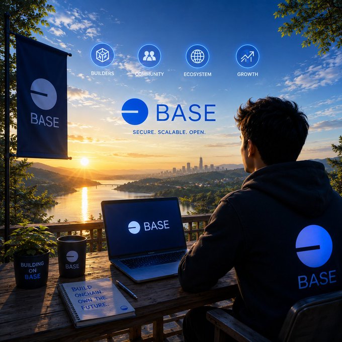 A promotional image for BASE showing a person at a wooden desk with a laptop, notebook, and coffee mug displaying the BASE logo, overlooking a sunset cityscape with icons for BUILDERS, COMMUNITY, ECOSYSTEM, and GROWTH.