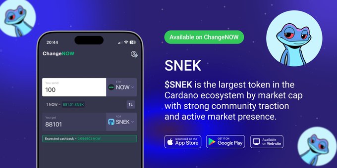 The image features a cell phone with an app displayed that says "SNEK" on it, along with a blue background and some text. The app appears to be related to trading or buying meme tokens, as indicated by the text "ChangeNOW". There are also several other meme tokens in the image, which might be used for trading or collecting them.
