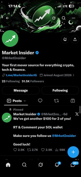 A social media profile screenshot shows the verified account 'Market Insider' (@MrketInsider) advertising a $100 giveaway for two participants with a 'SOL wallet'.
