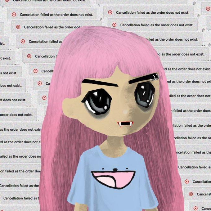 Digital illustration of a cartoon-style character with pink hair and a blue shirt against a background filled with repeated error messages reading 'Cancellation failed as the order does not exist.'