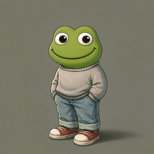 A cute cartoon frog character wearing a gray sweater, blue jeans, and red sneakers, standing with its hands in its pockets.