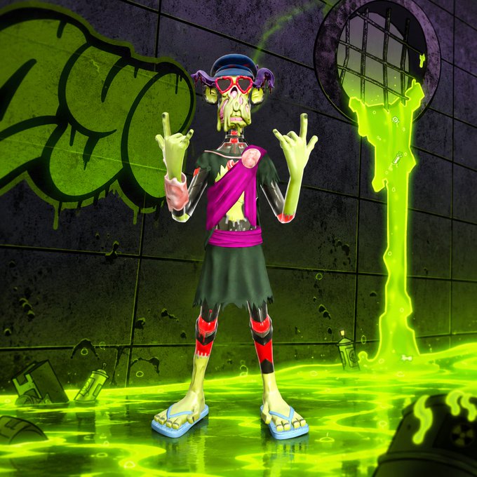 A 3D-rendered character of a punk zombie-like figure with pigtails, red sunglasses, and a purple sash, making rock hand gestures while standing in a pool of glowing green slime.