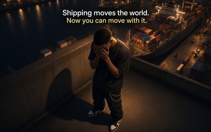 A young man in streetwear stands on a rooftop overlooking a bustling container port at night, with the text "Shipping moves the world. Now you can move with it." displayed above him—visually mirroring the post's message about $SHIP and @EthraShip breaking down barriers between everyday people and the maritime industry.