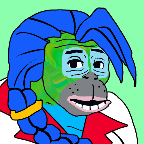 A crudely drawn cartoon character with blue hair, green skin around the eyes, a gray monkey-like muzzle with visible teeth, wearing a red and white jacket with yellow bracelets.
