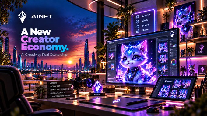 A promotional graphic for 'AINFT - A New Creator Economy' featuring a futuristic workspace with dual monitors displaying neon cat artwork and the tagline 'AI Creativity. Real Ownership.'