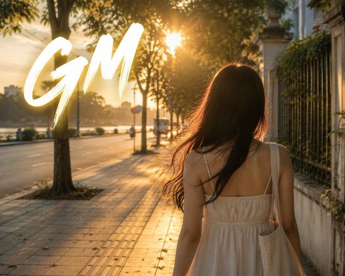 A 'GM' (Good Morning) graphic featuring a woman in a white dress walking down a sunlit street.