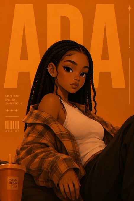 The image features a woman with braids, wearing a plaid shirt and holding an orange drink. She appears to be posing for a photo or drawing. The background of the image has a striking orange color, which contrasts with her black hair. The text "gm fam" is also present in the image.