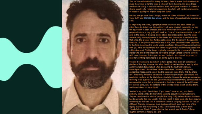 A portrait of a bearded man appears beside a dense yellow-on-black text panel discussing Bitcoin, blockchain, Chicago Fed economist Fernando Alvarez, and perpetual futures. It accompanies a Bloomberg Odd Lots post quoting @TheStalwart on learning how perpetuals work and the “blockchain, not Bitcoin” distinction.