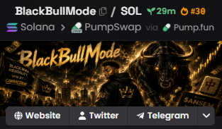 A crypto token page for 'BlackBullMode' on Solana, showing connections to PumpSwap via Pumpswap and Pump.fun, with links to Website, Twitter, and Telegram.