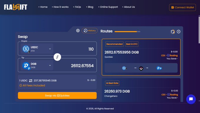 A screenshot of a cryptocurrency swap interface on the FLASHIFT platform, showing a swap from USDC to DGB via Quickex.