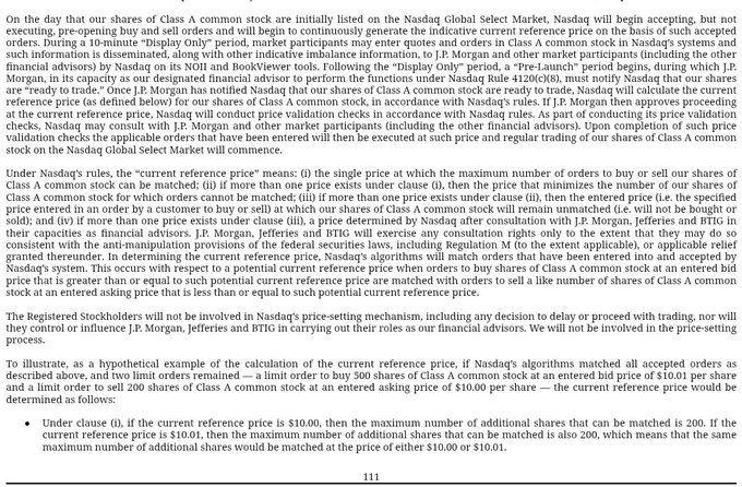Text excerpt from an SEC filing explaining Nasdaq's 'Display Only' period and Pre-Launch price calculation under Rule 4120(k)(8), with a hypothetical example showing the current reference price ($10.00, 200 shares matched) and at the next cent ($10.01, 200 shares matched).