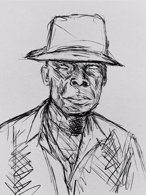 A loose pen sketch of a man wearing a wide-brimmed fedora, rendered with rough, expressive linework on a white background.

This matches "The Red Man Original Sketch," described in the post as an original artwork by @anthonyazekwoh that sold for 2 ETH to @charlescrain.