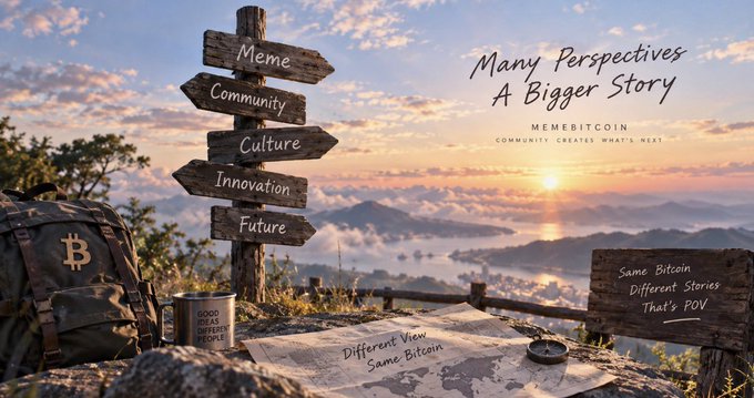 A promotional graphic for 'MEMEBITCOIN' with the tagline 'Many Perspectives A Bigger Story,' showing a wooden signpost pointing to 'Meme, Community, Culture, Innovation, Future' against a misty mountain landscape, alongside text 'Different View, Same Bitcoin' and 'Good Vibes Only.'
