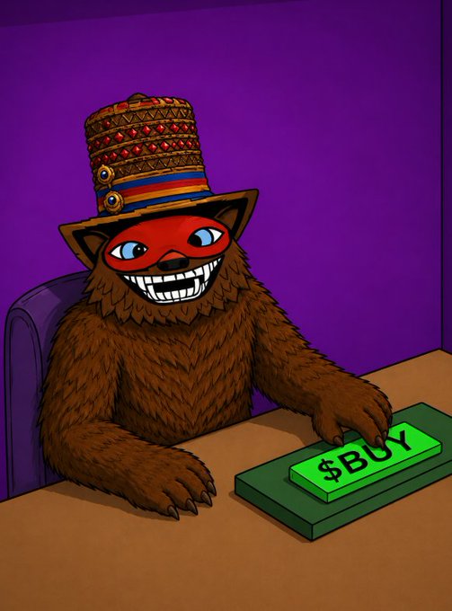 Cartoon illustration of a furry brown creature wearing a decorative hat and red mask, grinning widely while pressing a glowing green '$BUY' button.