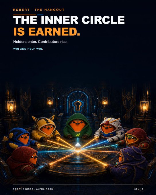 A promotional image for "Robert · The Hangout" featuring seven hooded bird-like characters gathered around a glowing circular table in a dark, ornate hall, with text reading "THE INNER CIRCLE IS EARNED. Holders enter. Contributors rise. WIN AND HELP WIN." and "FOR THE BIRDS · ALPHA ROOM 09 / 10" at the bottom. The imagery aligns with the post's message of exclusivity and quality, illustrating the concept of a tight-knit, selective trading community where members must earn their place rather than participate in noisy, large-scale groups.