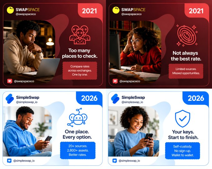 A comparison graphic shows two crypto swap services, contrasting SwapSpace (2021) with SimpleSwap (2026), highlighting benefits like "One place. Every option." and "Your keys. Start to finish."