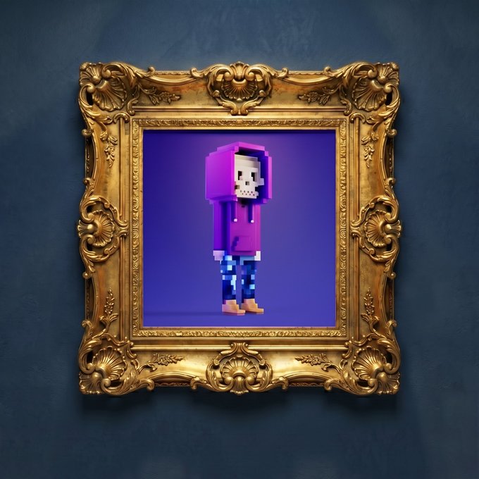 The image features a small skeleton wearing a purple hoodie standing inside an ornate gold frame. The frame has a dark blue background that contrasts with the gold frame, making the skeleton stand out prominently. The text "Collector Adam Weitsman has acquired the remaining 875 Meebits from the historic Larva Labs collection" is present in the image, indicating the significance of this acquisition and its relation to the post about the Weitsman Collection.