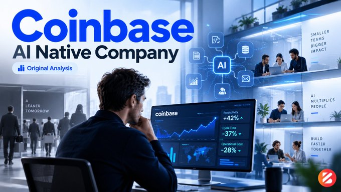 A promotional image for Coinbase labeled 'AI Native Company' featuring a man analyzing stock charts on a monitor, with text highlighting '+42% Productivity', '-37% Cycle Time', and '-28% Operational Cost'.
