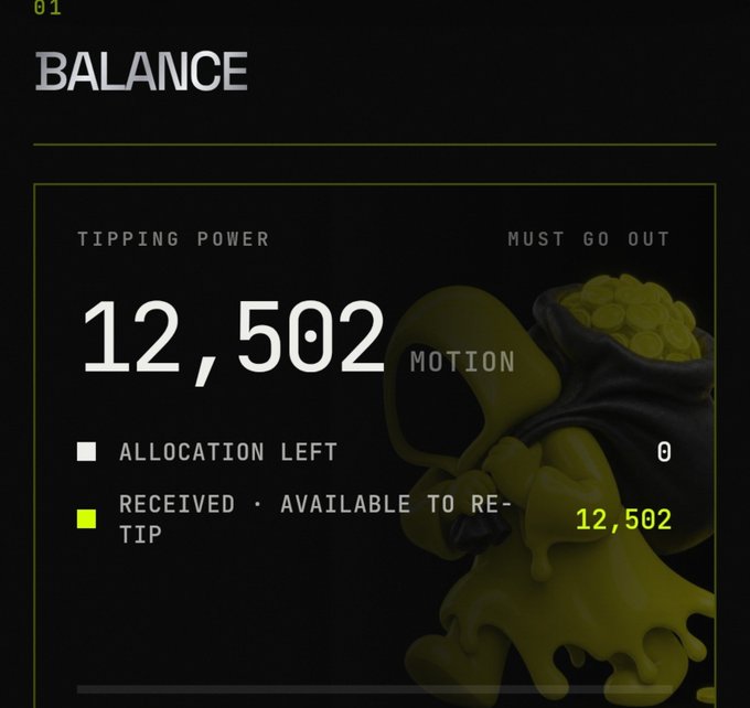 A digital balance dashboard showing a tipping power of 12,502 MOTION, with allocation left at 0 and 12,502 received/available to re-tip, featuring a sack of gold coins illustration.